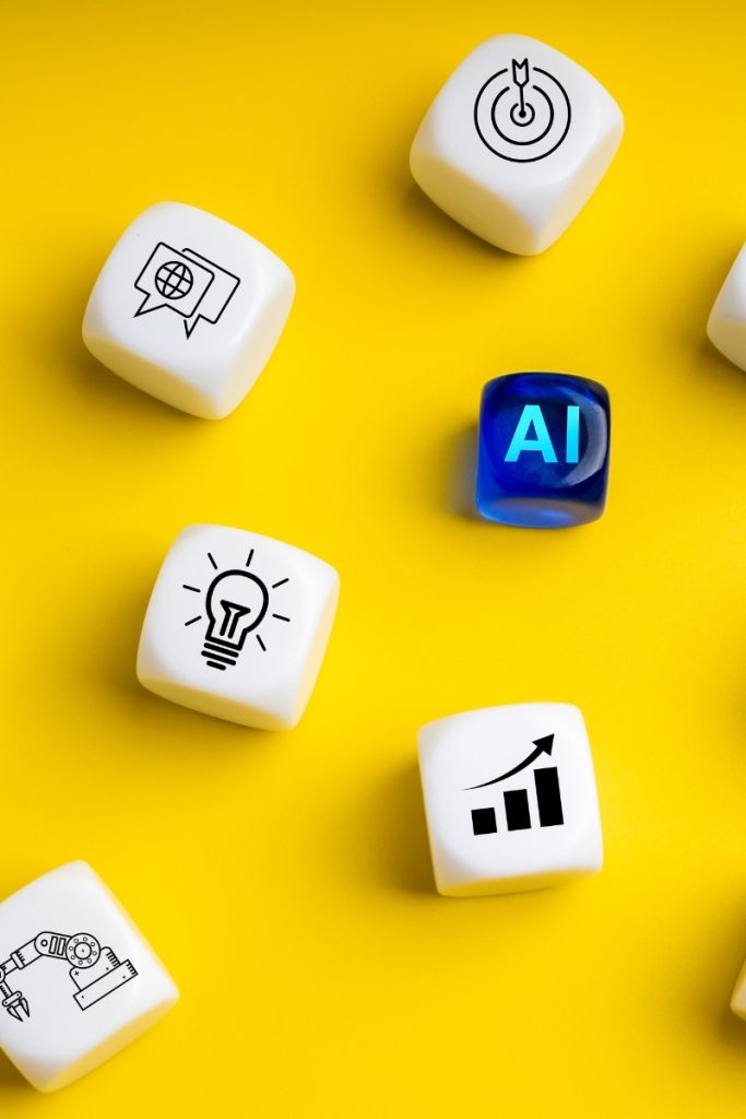 Yellow background behind dice with AI and search graphics