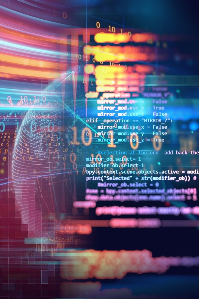 Code characters over a digital globe