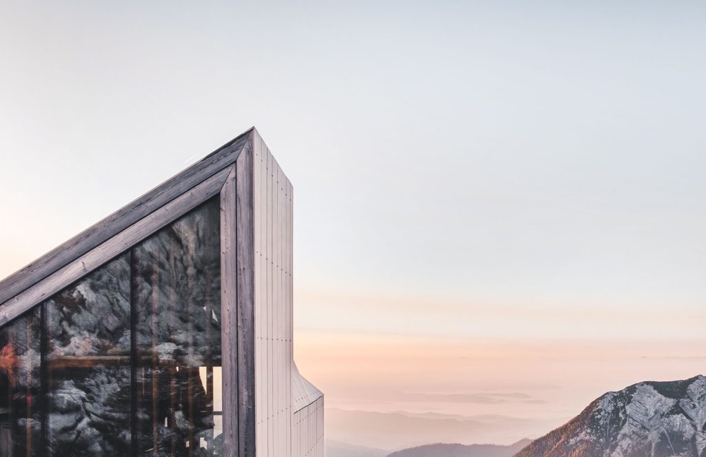 Evening sky over a modern wooden building